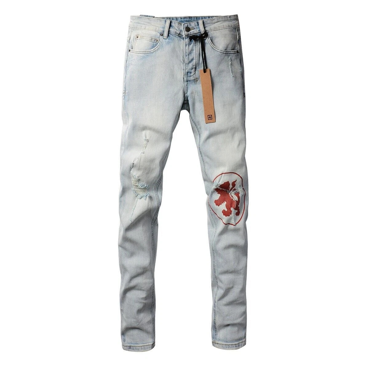 NEW KSUBI Men's Light Blue Printing Ripped Pants High Street Fashion Jeans