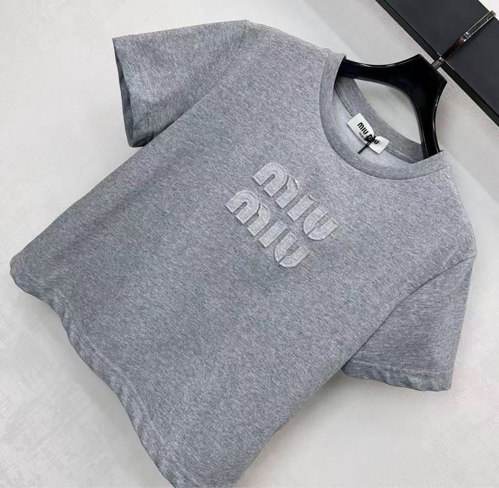 MiuMiu Gray Short-Sleeve T-Shirt in Plain Knit Cotton