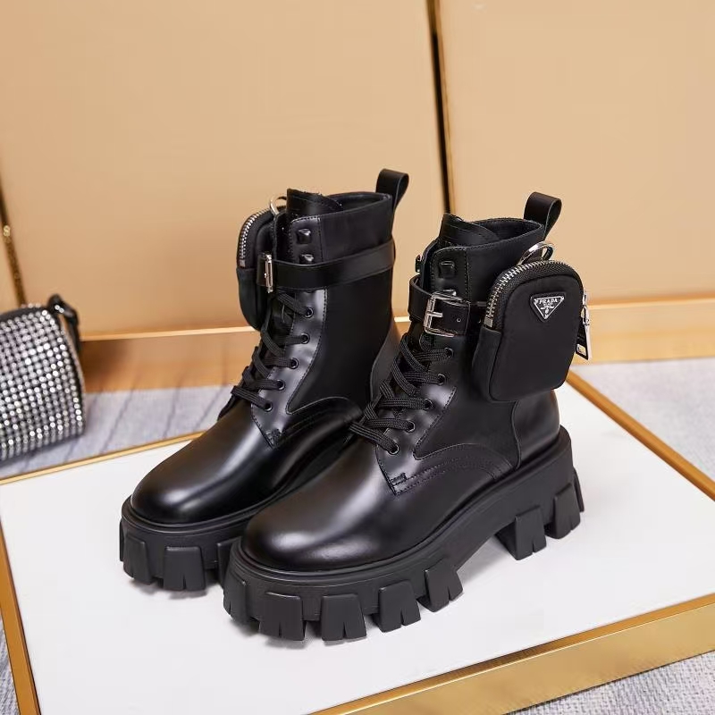 Prada Black Monolith Leather & Re-Nylon Military Boots - Detachable Pouch & 55mm Lug Sole
