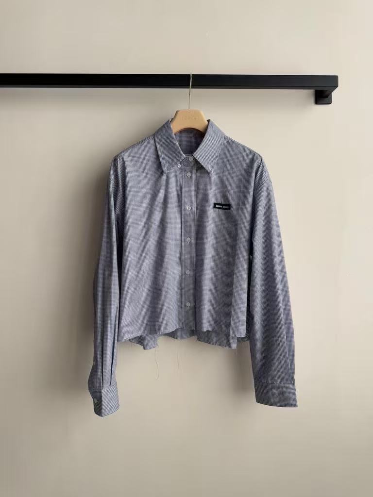 MIUMIU Light Blue Plaid Cropped Long-Sleeve Shirt