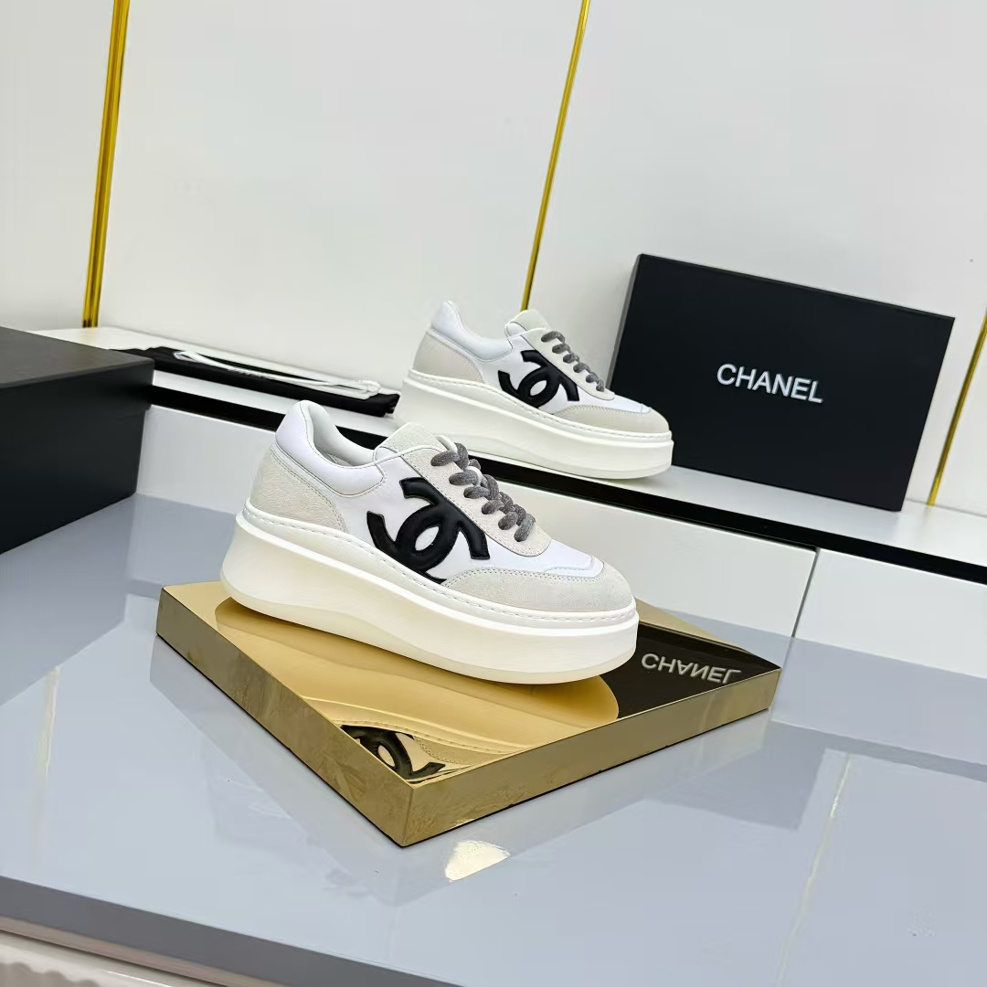 Chanel Platform Leather Sneakers in White, Light Grey & Black