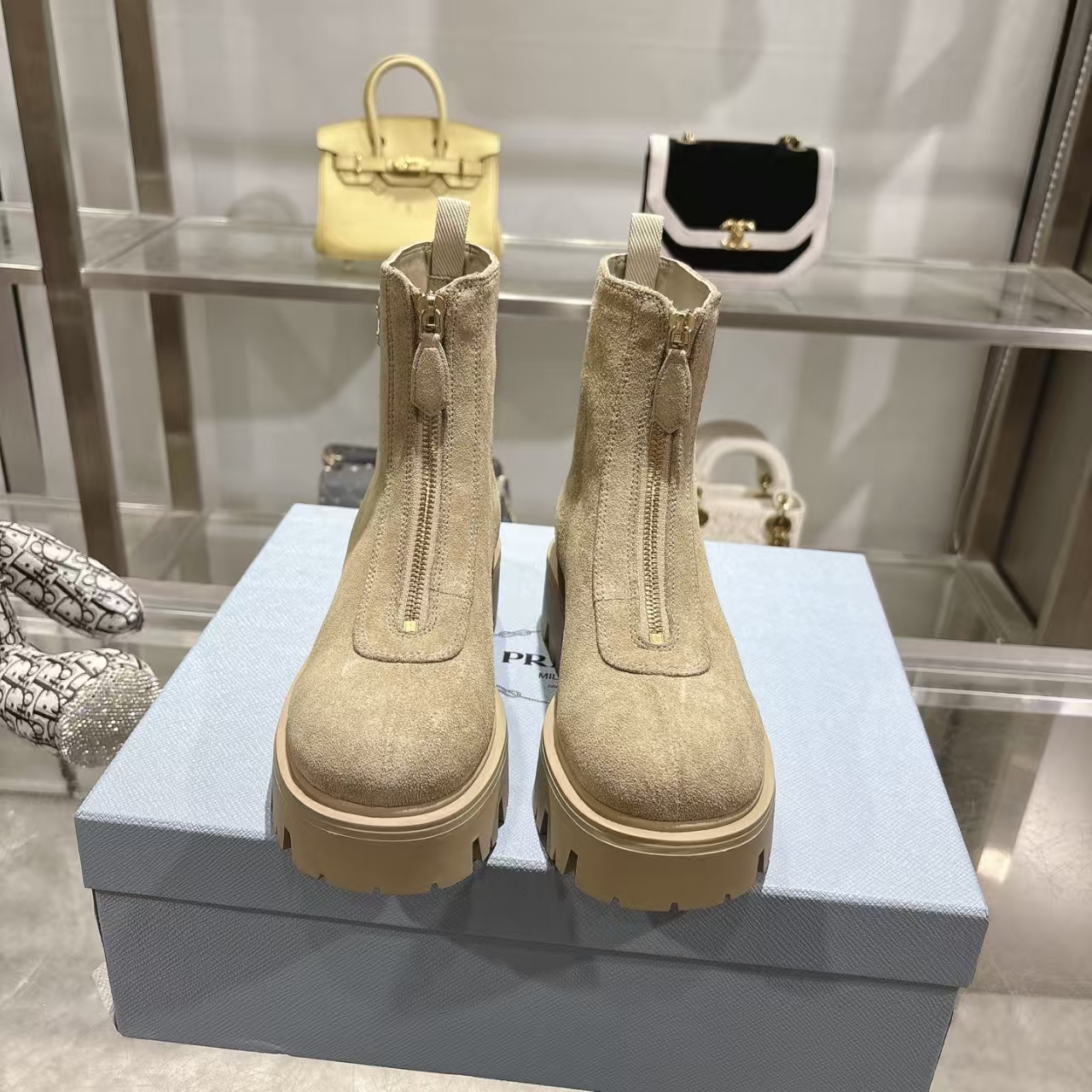 Prada Desert Yellow Suede Ankle Boots with Front Zipper & Lug Sole