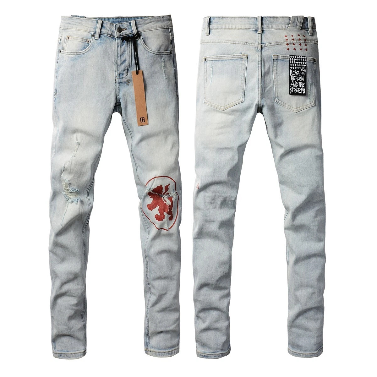 NEW KSUBI Men's Light Blue Printing Ripped Pants High Street Fashion Jeans