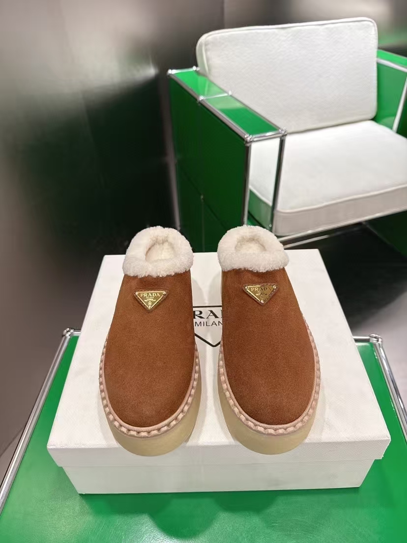 Prada Cocoa Brown Suede Mules with Shearling Lining & Chunky Rubber Sole