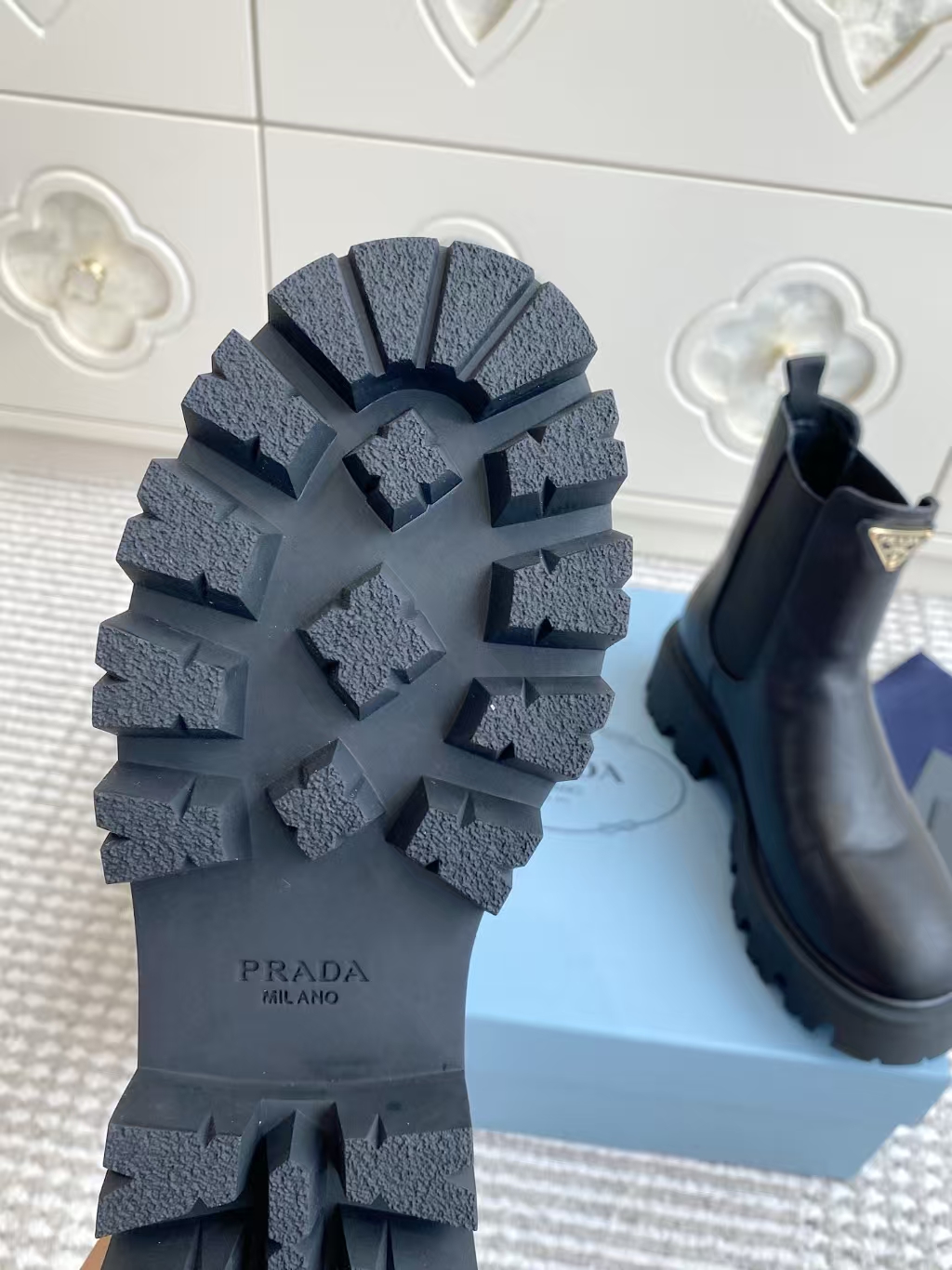 Prada Black Shiny Leather Ankle Boots - 5cm Chunky Sole & Elastic Side Gussets