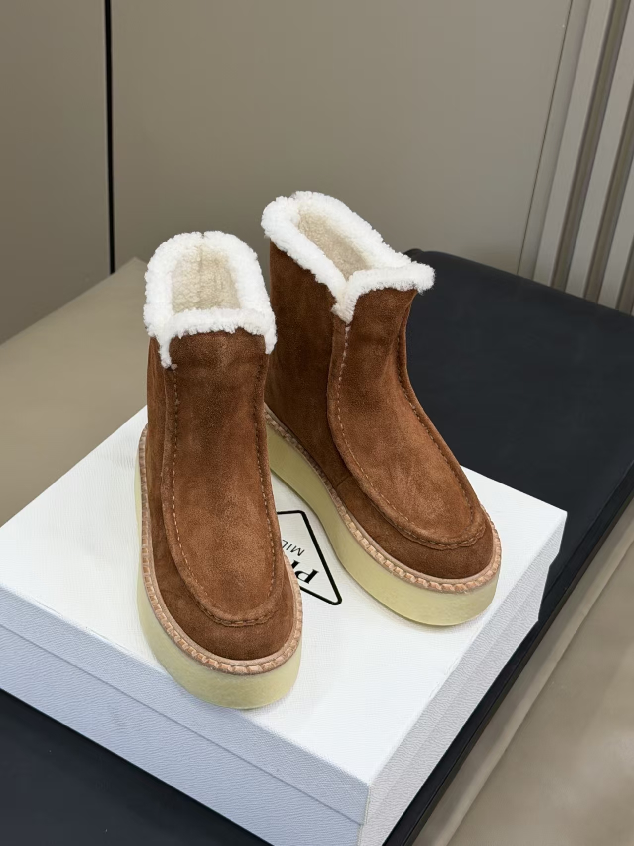 Prada Cocoa Brown Suede Ankle Boots - 5cm Lug Sole & 14cm Shaft, Winter Texture