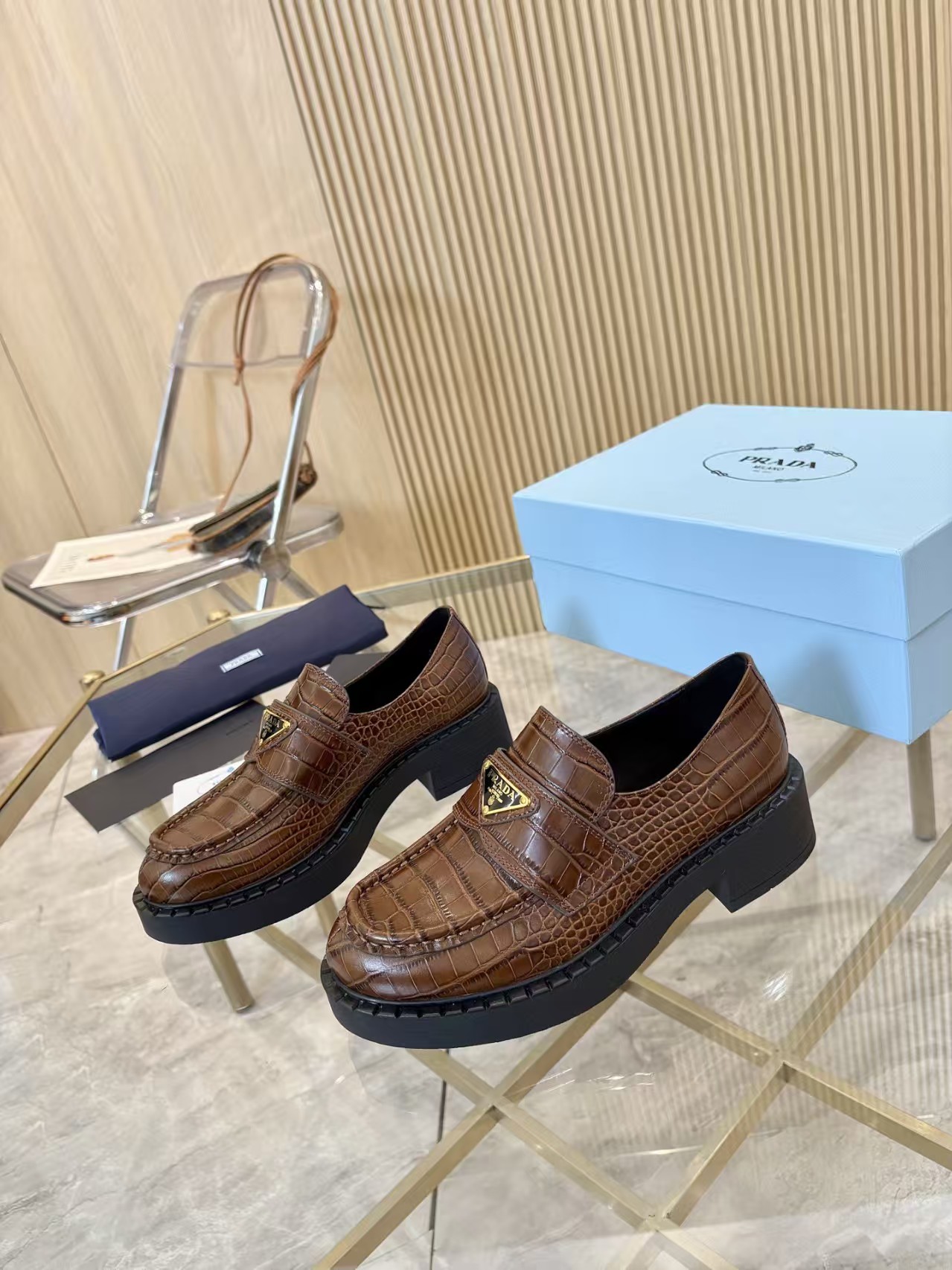Prada Chocolate Tobacco Crocodile-Embossed Leather Loafers with Rubber Lug Sole