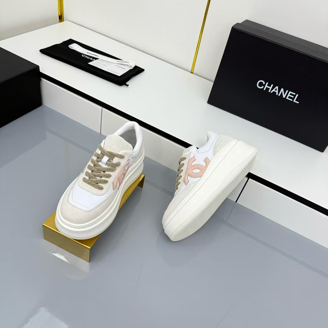 Chanel Platform Leather Sneakers in White & Khaki