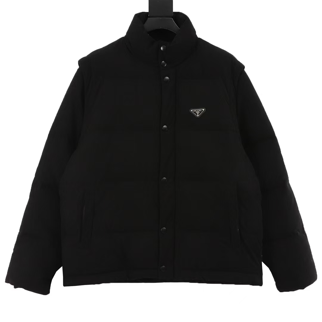 Prada Black Corduroy Down Puffer Jacket - Detachable Sleeves & Oversize Sporty Fit