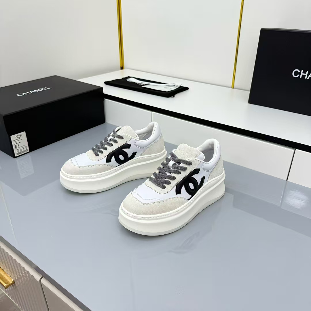 Chanel Platform Leather Sneakers in White, Light Grey & Black