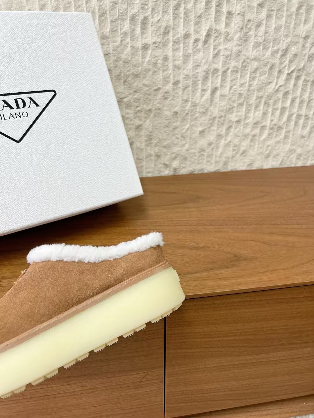 Prada Cinnamon Suede Mules with Shearling Lining & 50mm Lug Sole