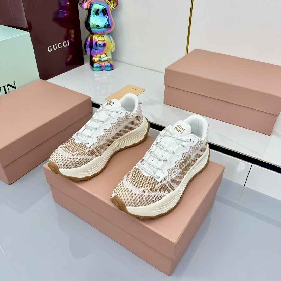 Miu Miu Technical Fabric Platform Sneakers in White & Brown