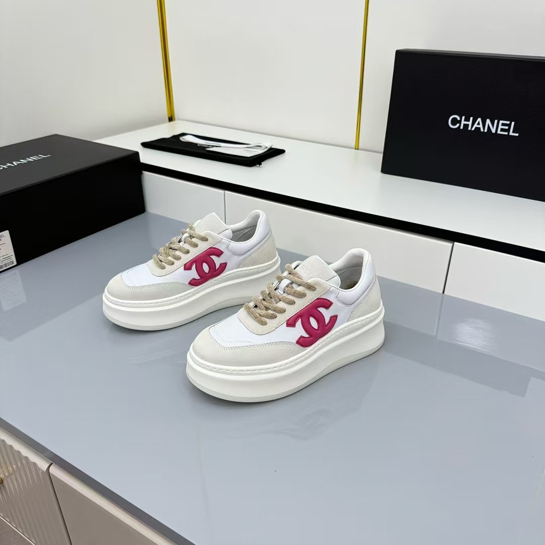 Chanel Platform Leather Sneakers in White & Red