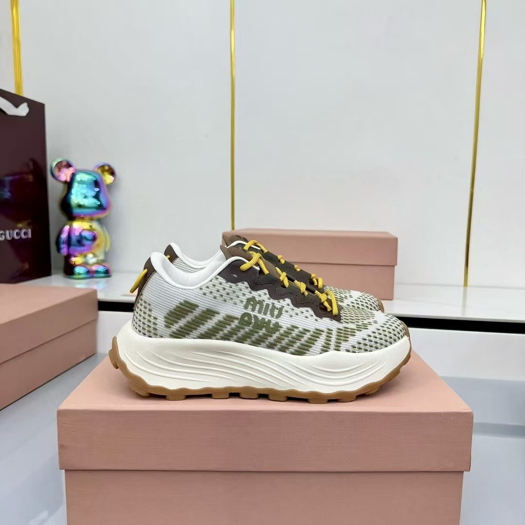 Miu Miu Technical Fabric Platform Sneakers in White & Light Brown