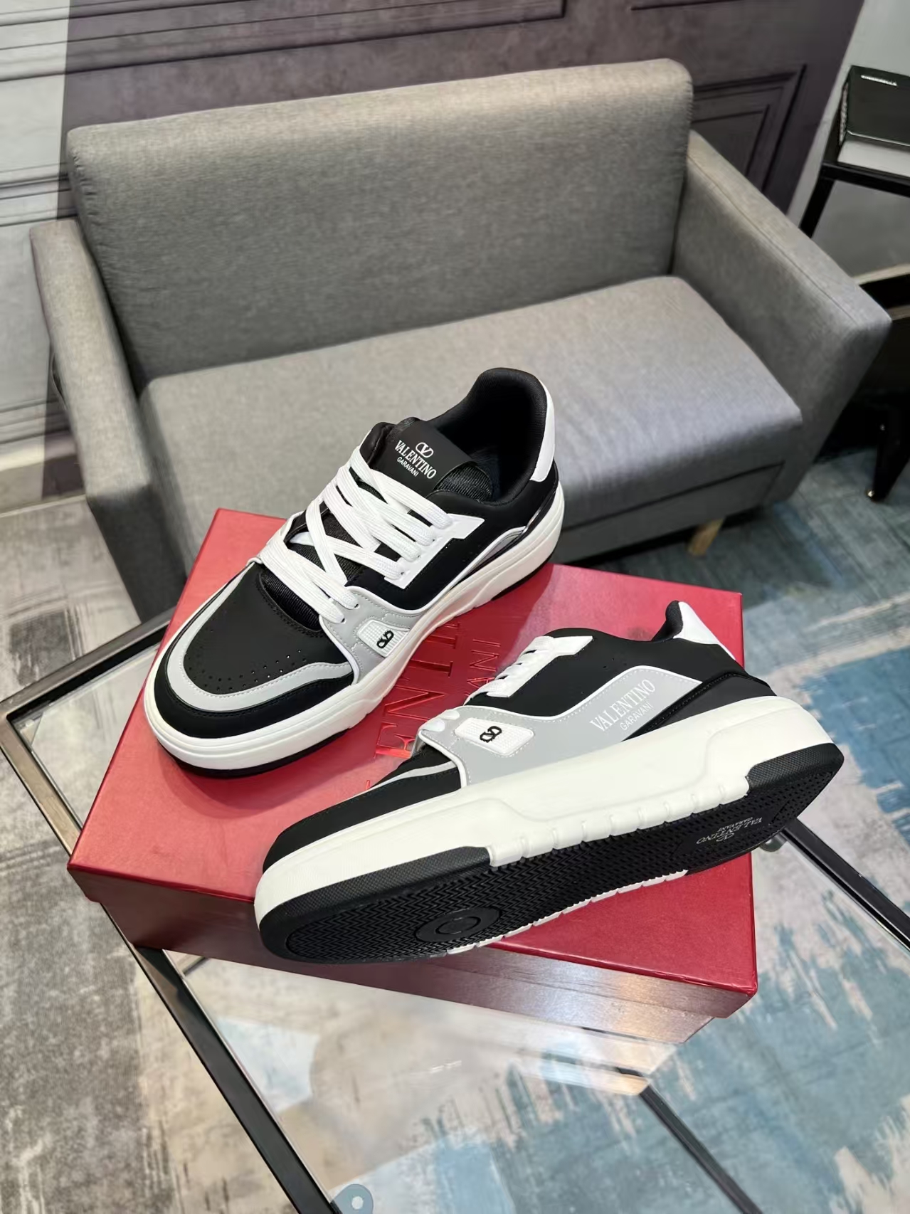 Valentino OneStud Calfskin Unisex Sneakers in White, Black & Grey | New Arrival