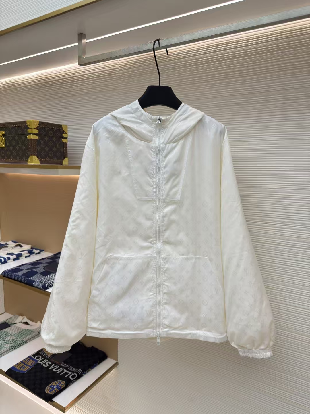 LOUIS VUITTON Reversible Monogram Windbreaker with Detachable Pin in White