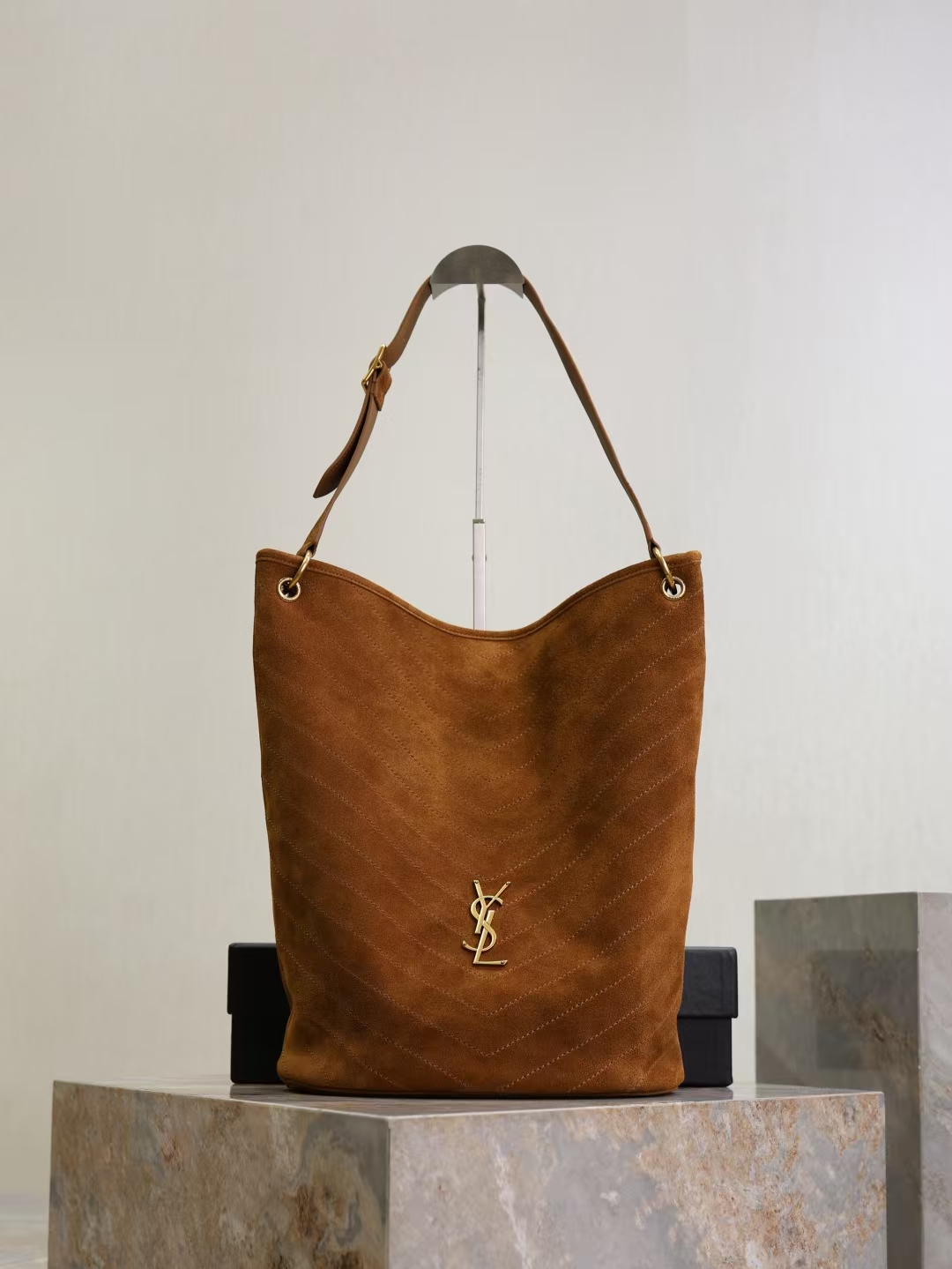 Saint Laurent Niki Soft Suede Bucket Bag in Caramel Cognac