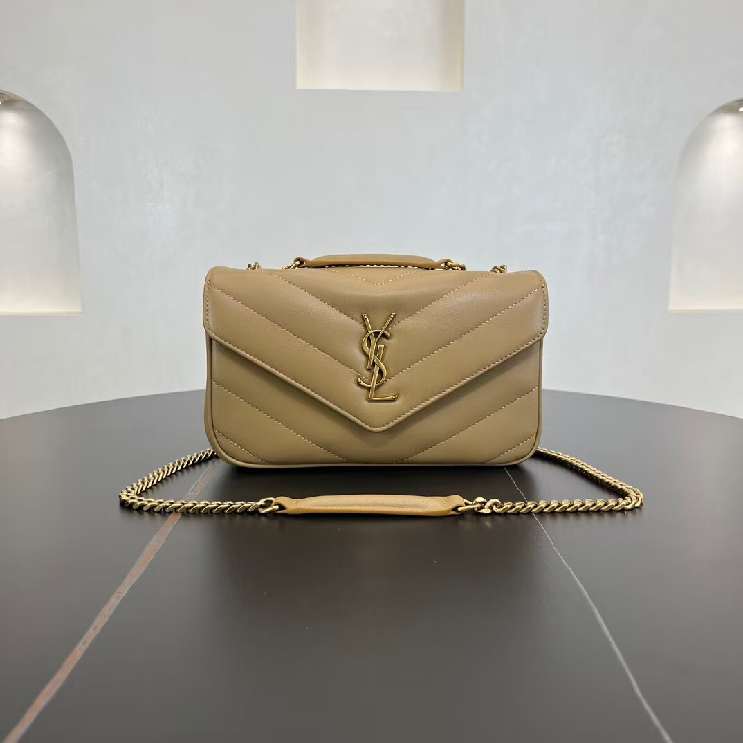 Saint Laurent LouLou Small Quilted Lambskin Handbag in Natural & Tan