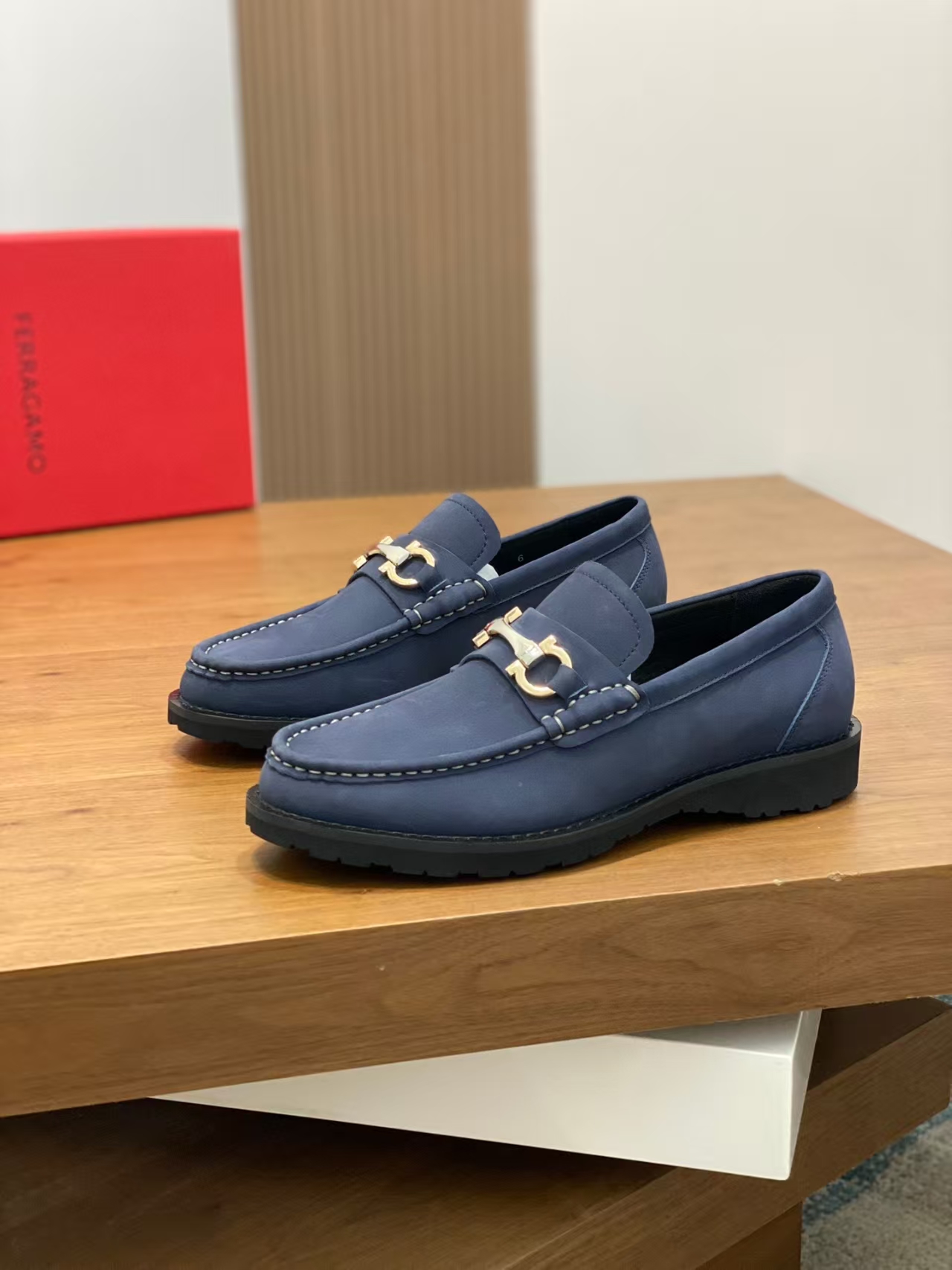 Salvatore Ferragamo Men's Navy Brushed Calfskin Loafers with Gancino Bit