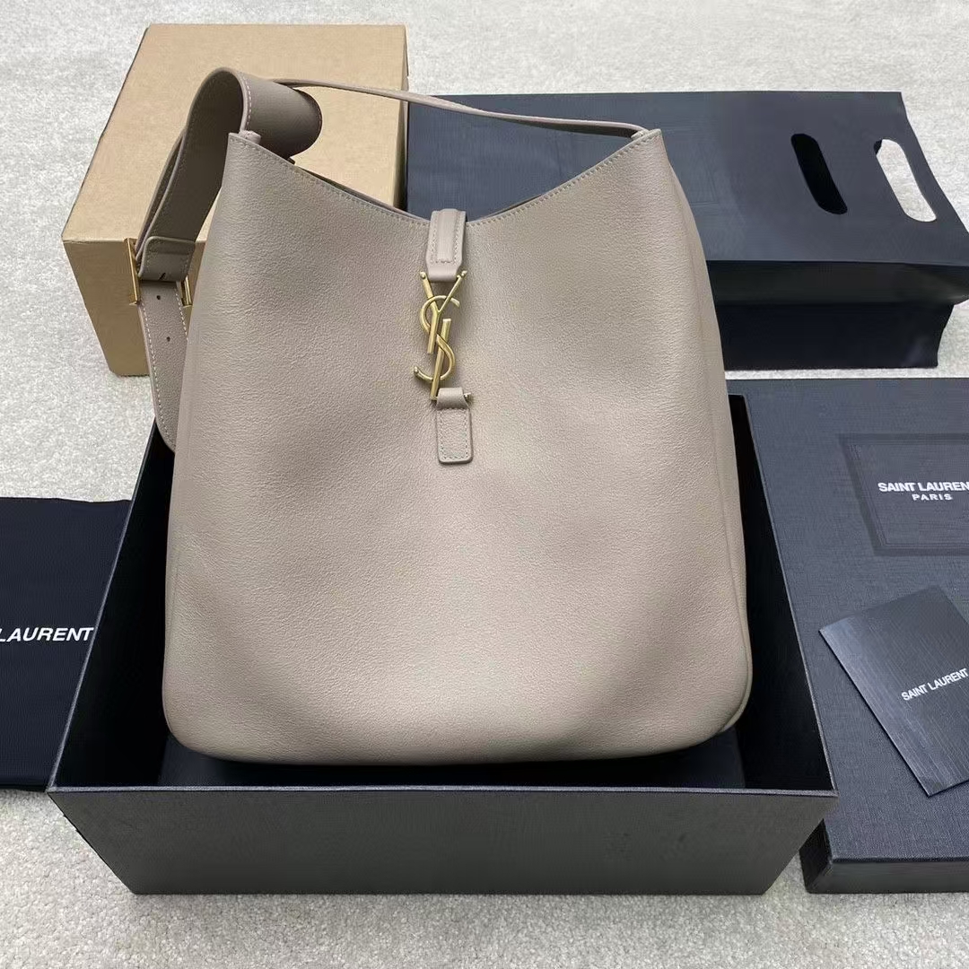Saint Laurent Le 5 À 7 Large Grain de Poudre Leather Soft Handbag in Dusty Gray