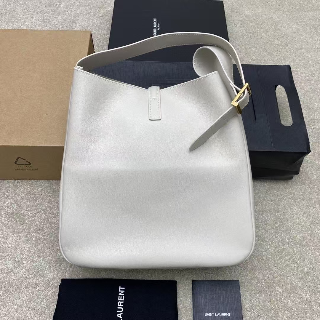 Saint Laurent Le 5 À 7 Large Grain de Poudre Leather Soft Handbag in White