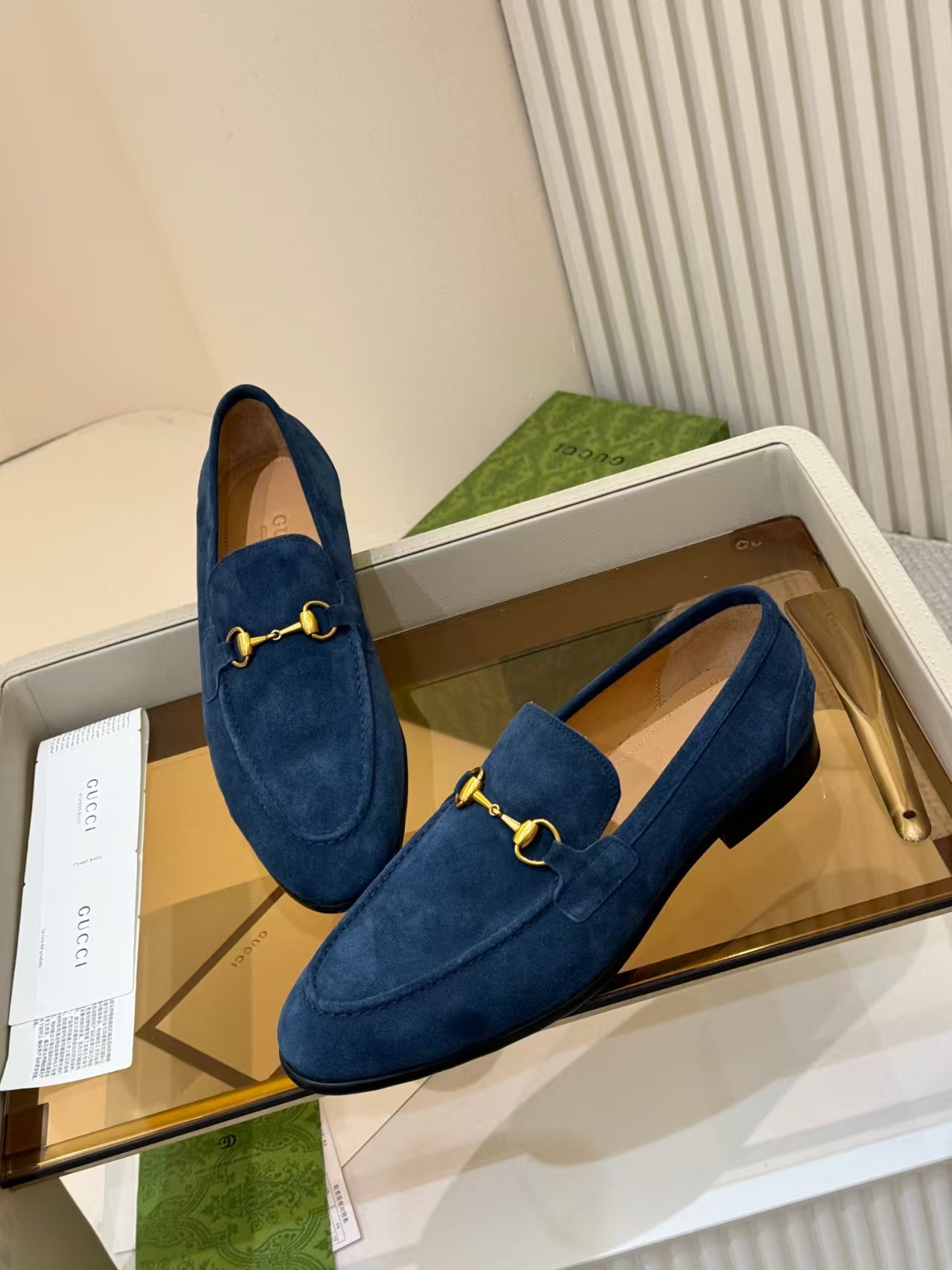 Gucci Men's Navy Blue Suede Horsebit Loafers