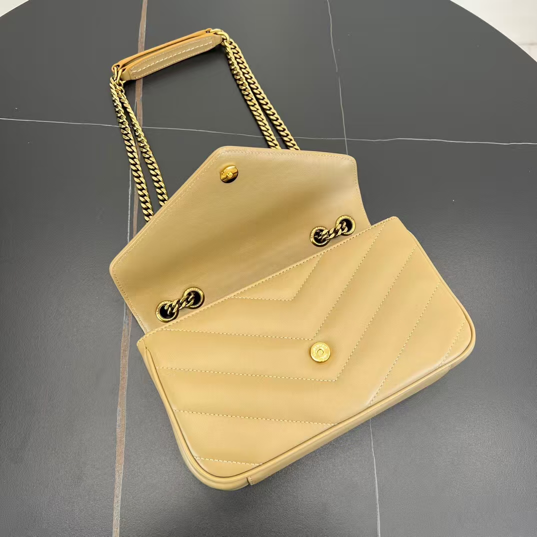 Saint Laurent LouLou Small Quilted Lambskin Handbag in Natural & Tan