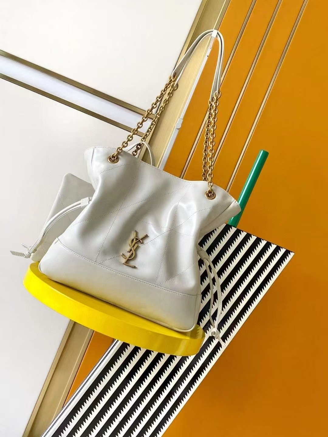 Saint Laurent Jamie Shopping Small Tote Bag in White Sheepskin