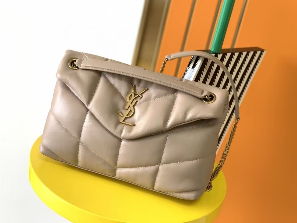 Saint Laurent Puffer Small Sheepskin Handbag in Dark Beige