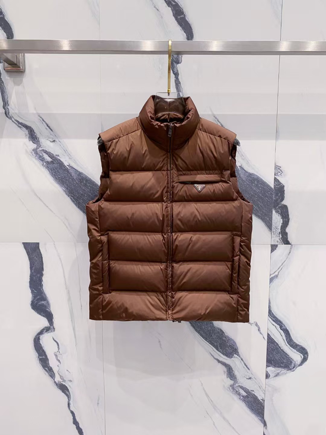 Prada Cocoa Brown Re-Nylon Padded Vest - Enamel Triangle Logo & Sporty Style