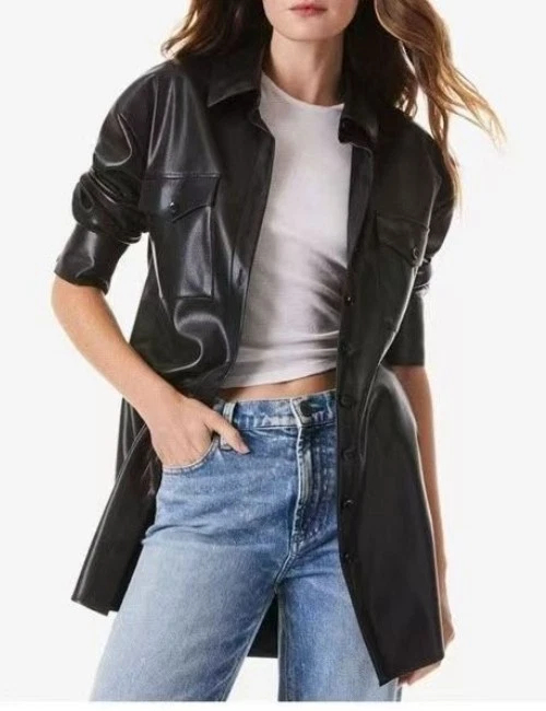 Women Alice + Olivia Collared Faux Leather Lantern Sleeve Coat Top