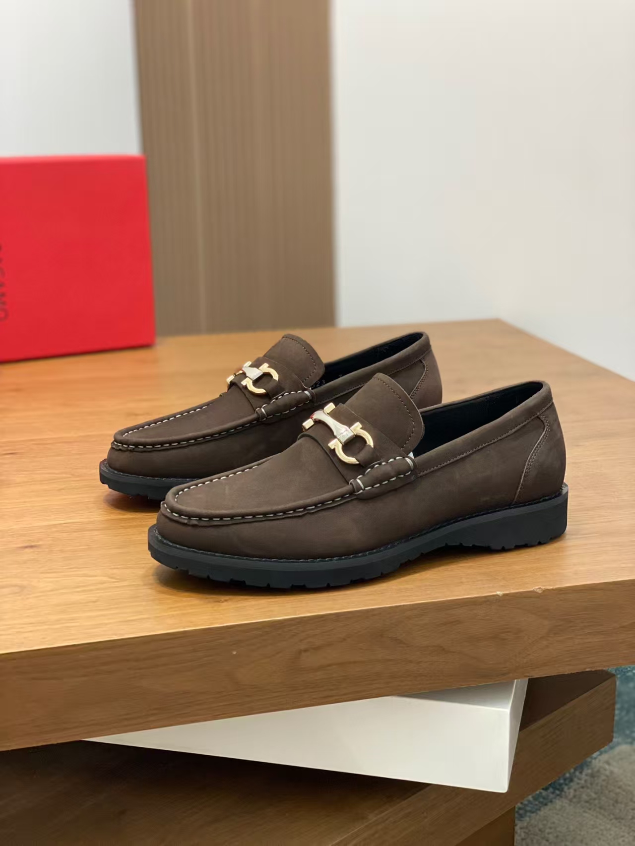 Salvatore Ferragamo Men's Brown Brushed Calfskin Gancino Bit Loafers