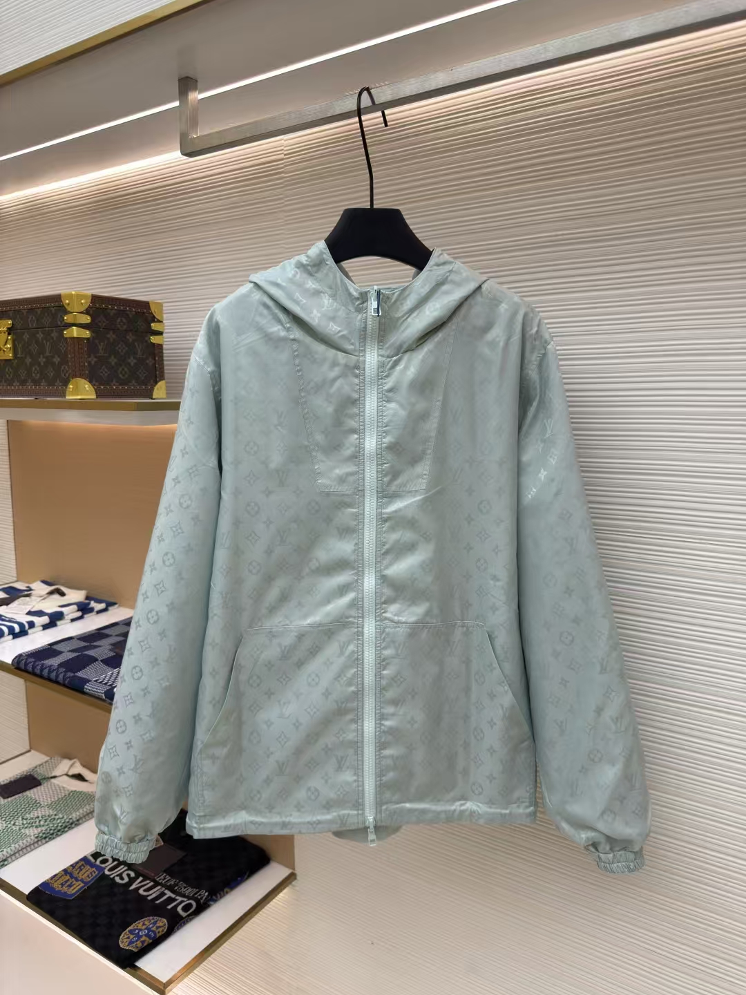 LOUIS VUITTON Reversible Monogram Windbreaker with Detachable Pin in Sky Blue