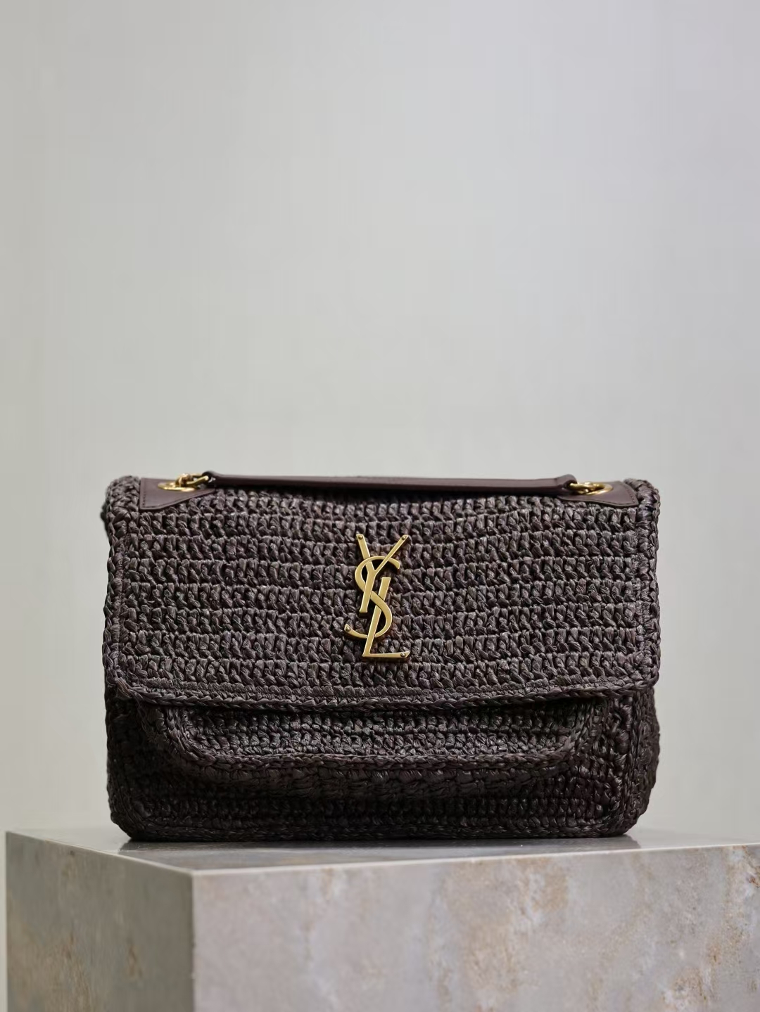 Saint Laurent Niki Medium Raffia Handbag in Truffle Chocolate