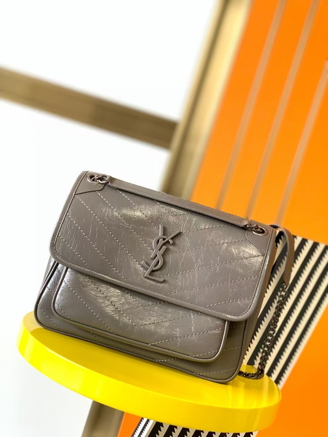 Saint Laurent Niki Medium Vintage Leather Handbag in Light Musk