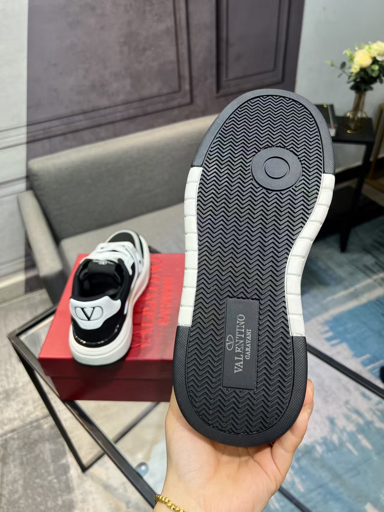 Valentino OneStud Calfskin Unisex Sneakers in White, Black & Grey | New Arrival