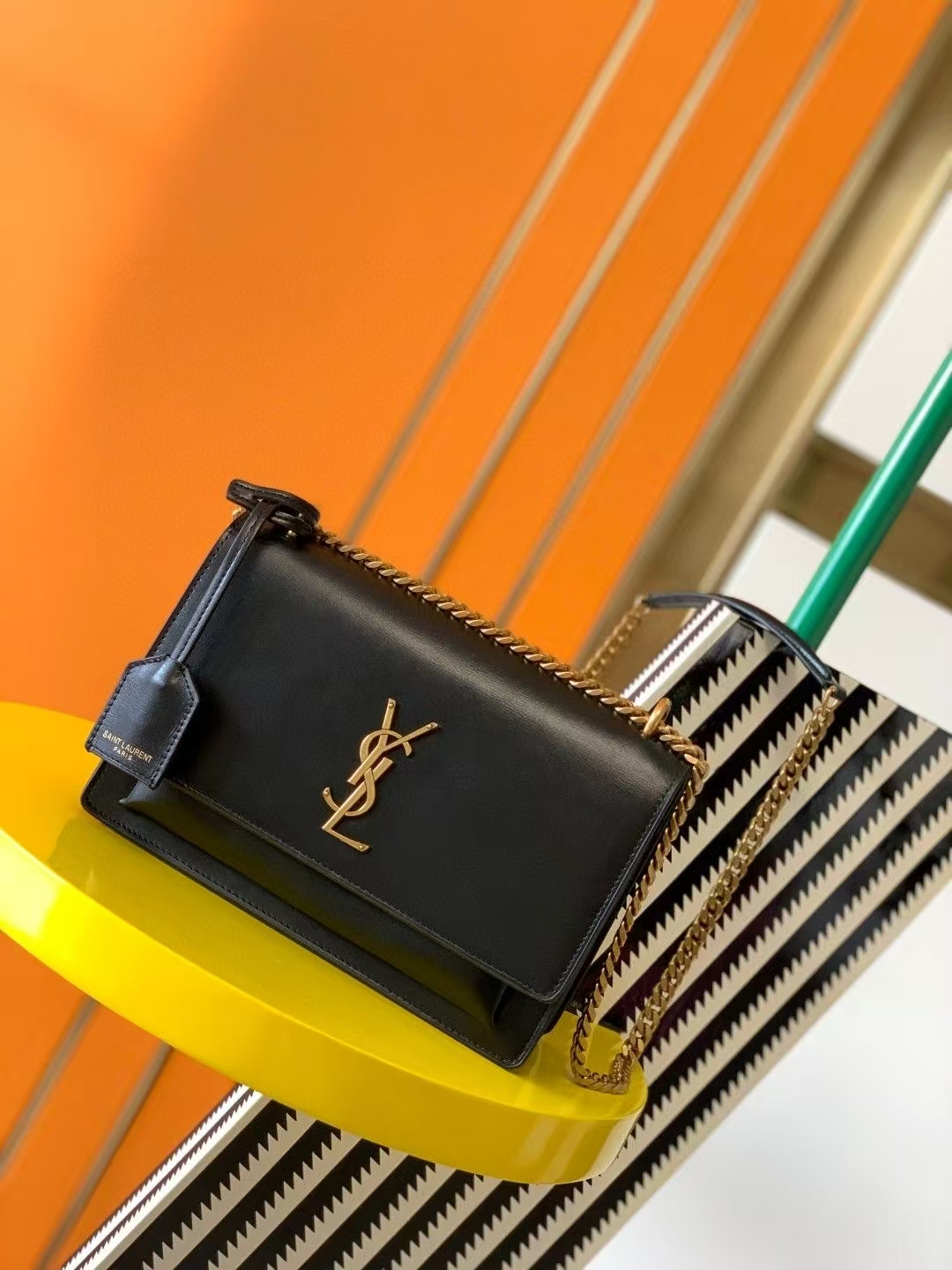 Saint Laurent Sunset Medium Smooth Leather Handbag in Black