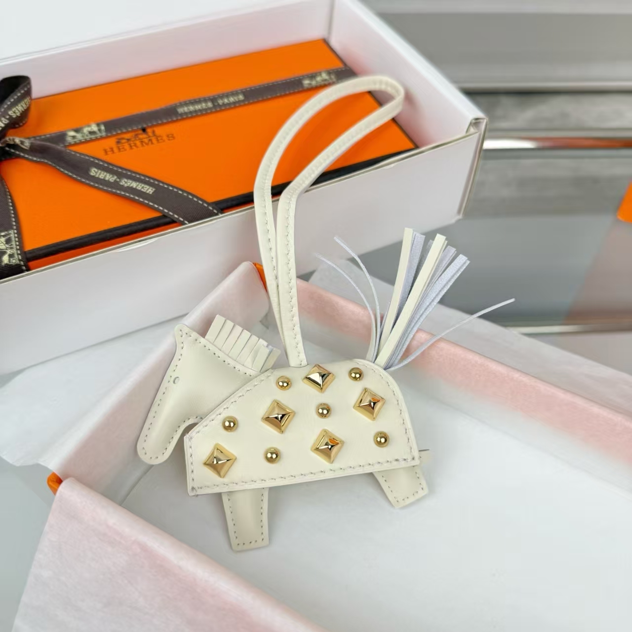 Hermès Rodeo Rodeo Coeur Mini Pony Bag Charm & Keychain in Oatmeal - New With Box