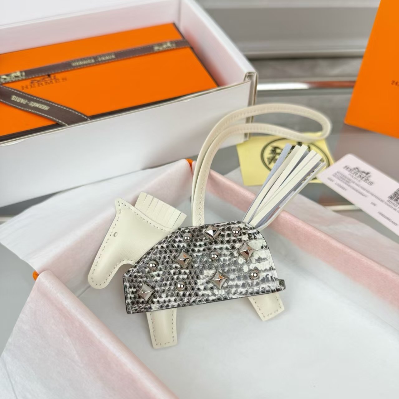 Hermès Rodeo Rodeo Coeur Lizard Leather & Studded Mini Pony Bag Charm in Porcelain White - Rare Material, New With Box