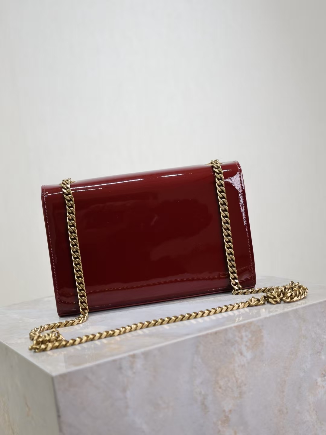 Saint Laurent Sunset Small Patent Leather Handbag in Bright Burgundy