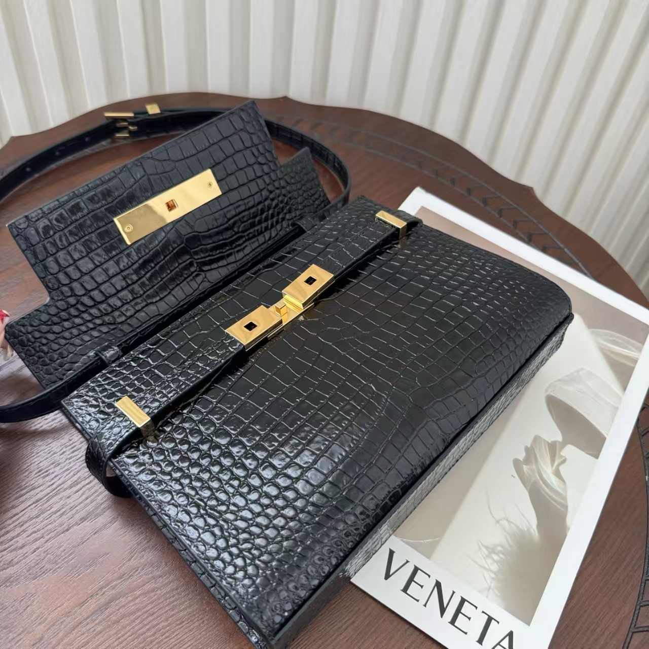 Saint Laurent Manhattan Small Crocodile-Embossed Bag in Black