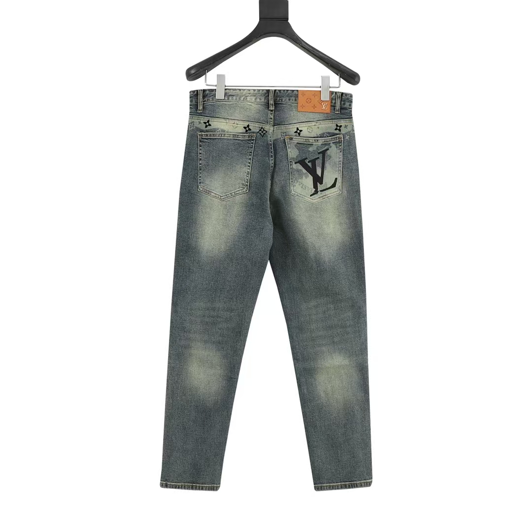 Louis Vuitton Splatter Paint Lettering Embroidered Back Pocket Jeans