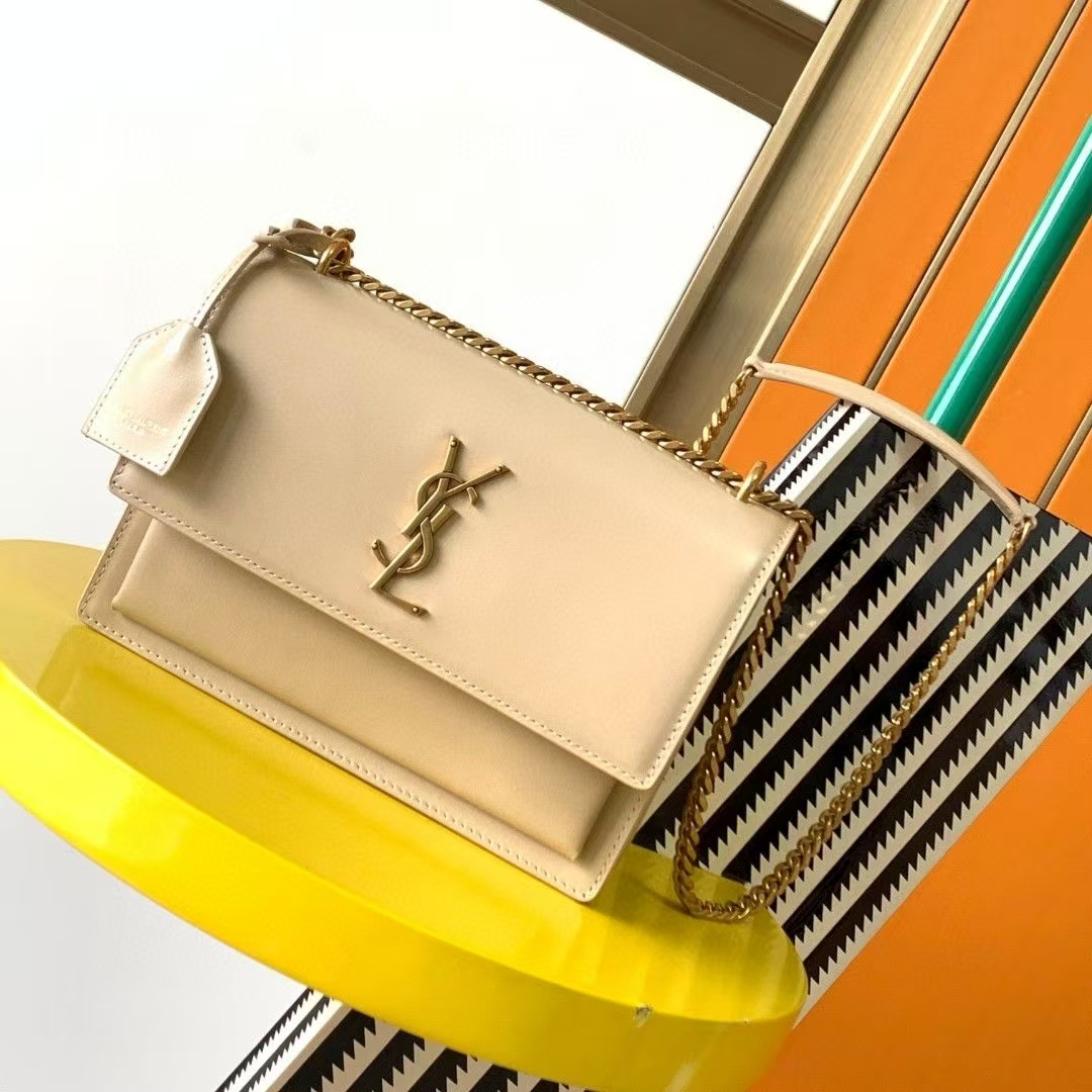 Saint Laurent Sunset Medium Smooth Leather Handbag in Dark Beige