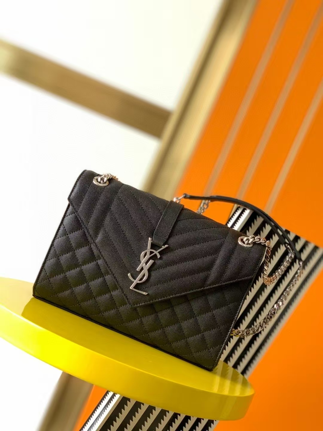 Saint Laurent Envelope Medium Grain de Poudre Quilted Leather Handbag in Black