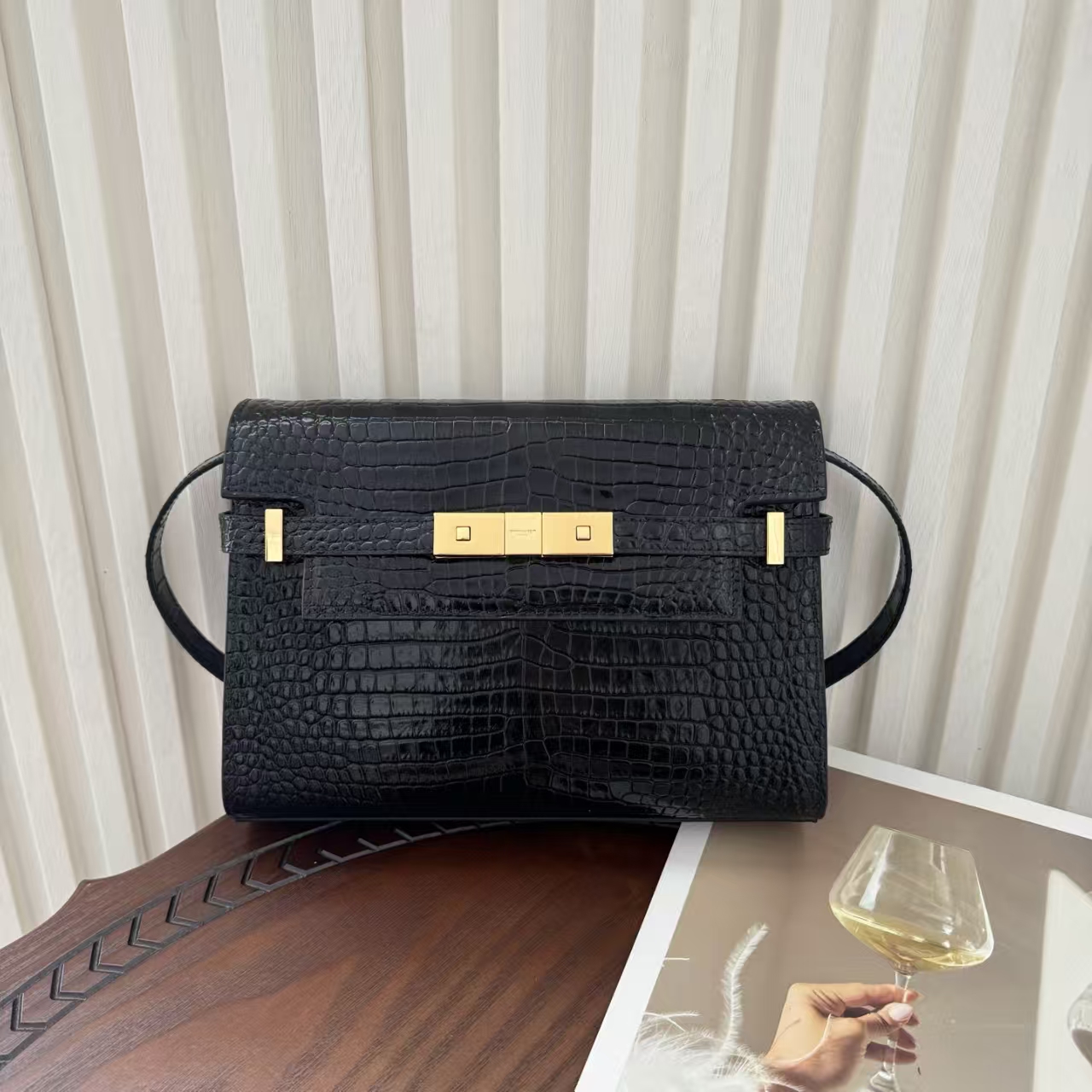 Saint Laurent Manhattan Small Crocodile-Embossed Bag in Black