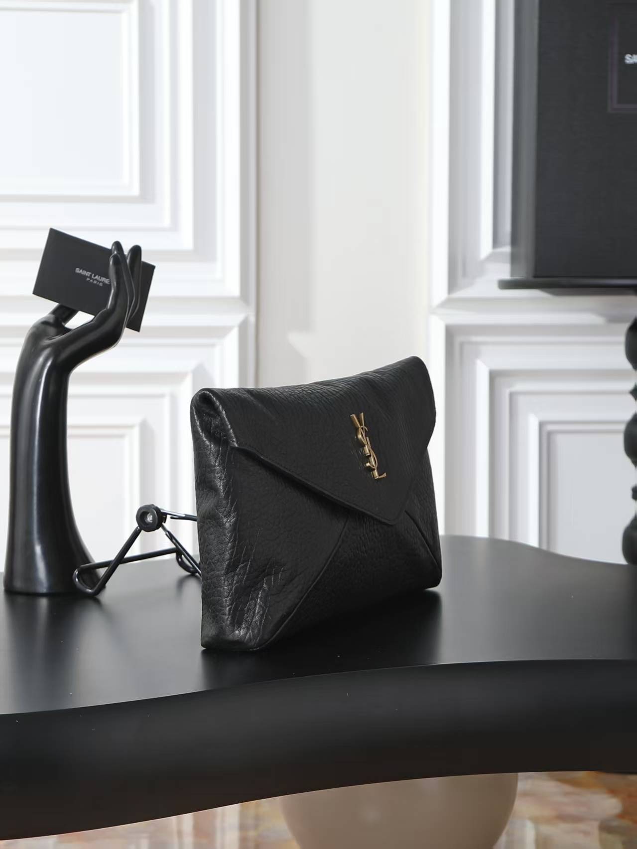 Saint Laurent Le Cassandre Oversized Sheepskin Chain Envelope Clutch in Black