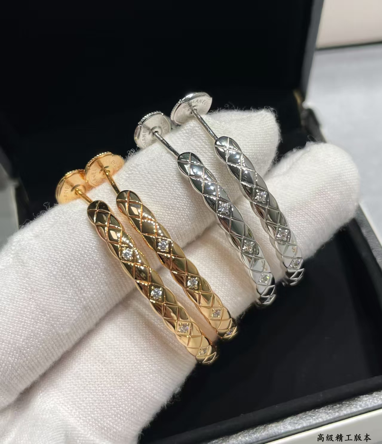 CHANEL Large Intricately Carved Quilted Diamond-Studded Earrings