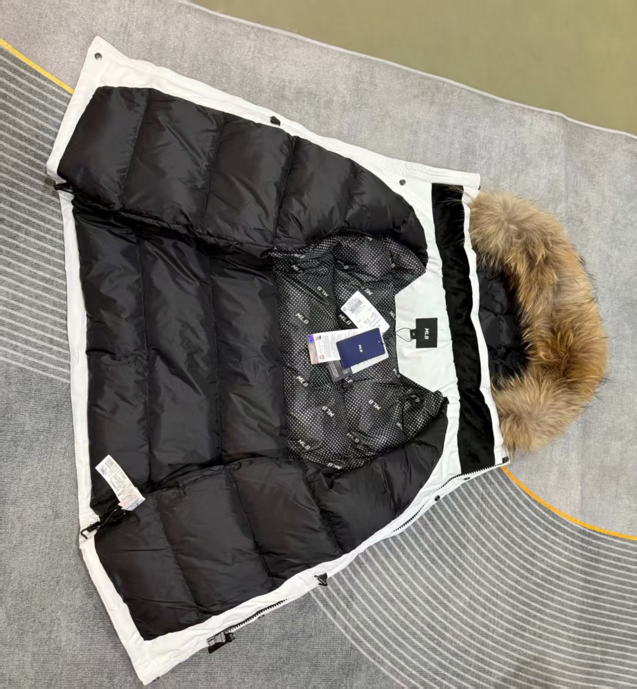 MLB Fur-Trimmed Water-Resistant Cargo Down Jacket in White