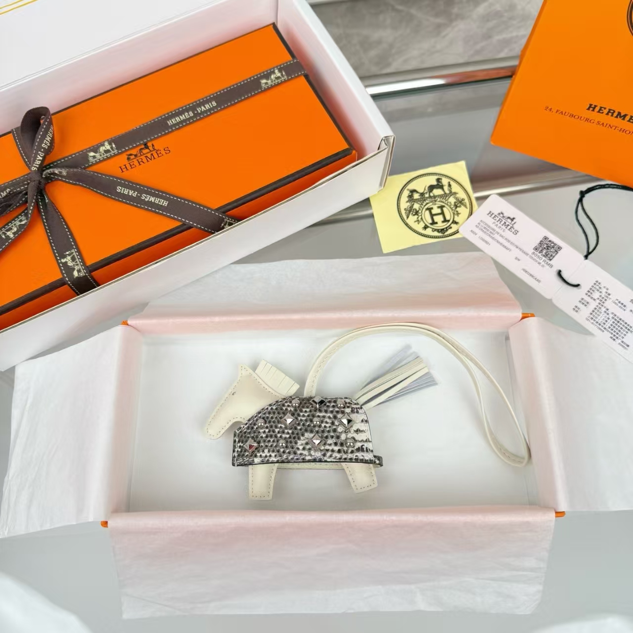 Hermès Rodeo Rodeo Coeur Lizard Leather & Studded Mini Pony Bag Charm in Porcelain White - Rare Material, New With Box