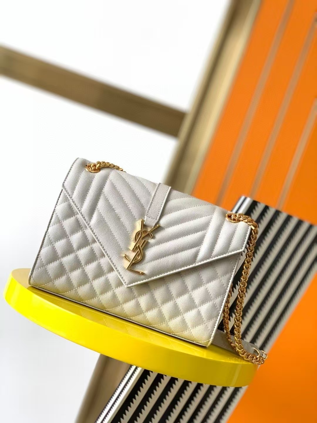 Saint Laurent Envelope Medium Grain de Poudre Quilted Leather Handbag in White